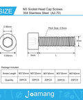 Diagram of M3 socket head cap screws, showing dimensions for 304 stainless steel, 20mm to 40mm, included in assortment kit.
