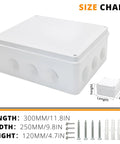 Tough As Nails Outdoor Electrical Junction Box IP65 Fully Watertight And Dustproof Abs Surface Mount Enclosure size chart on white background.