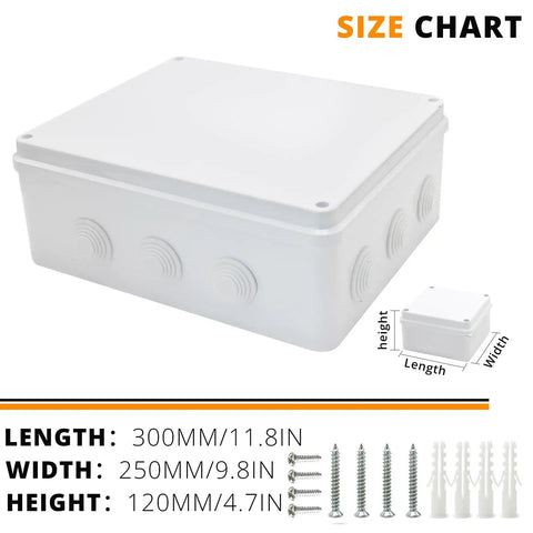 Tough As Nails Outdoor Electrical Junction Box IP65 Fully Watertight And Dustproof Abs Surface Mount Enclosure size chart on white background.