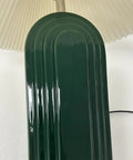 Close-up of LED Bedside Table Lamp With Pleated Shade Cream Ceramic Retro Rural Style Ambient Light, green ceramic base detail.