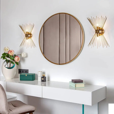 Mid Century Style Wall Sconces With Antique Brass Brush Finish And Starburst Shade, 2 Pack Bedside Hallway Bathroom Vanity Lighting Fixtures