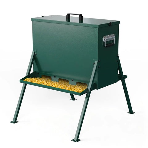 Rock Solid Heavy Duty Deer Feeder Delivering Ninety To One Hundred Ten Pound Capacity And Eighteen Gallon Storage with feed access.
