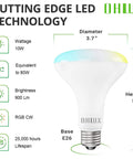 Smart WiFi Flood Light Bulbs With E26 Base 900 Lumens 100W Equivalent 10W BR30 LED Dimmable infographic with bulb specs