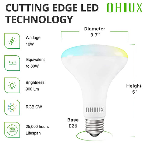 Smart WiFi Flood Light Bulbs With E26 Base 900 Lumens 100W Equivalent 10W BR30 LED Dimmable infographic with bulb specs
