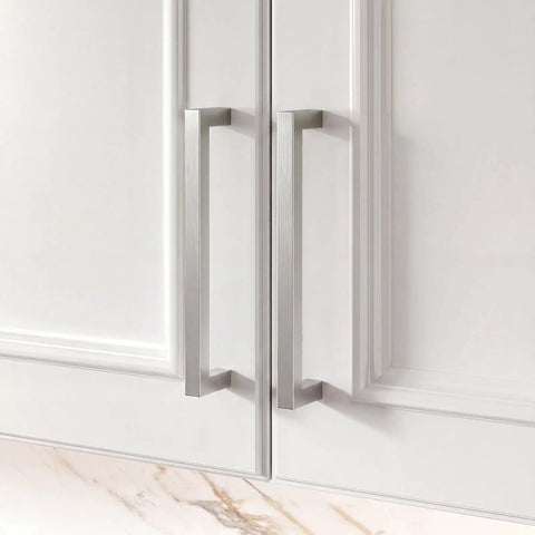 10 Pack Brushed Nickel Cabinet Pulls 3-3/4 Inch Hole Center Square Bar Drawer Handles for kitchen cabinets on white doors