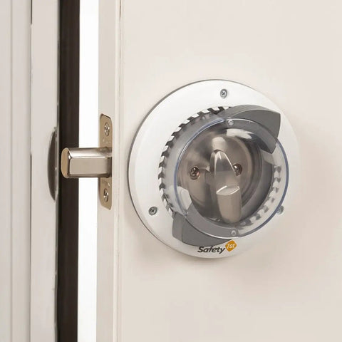Kid Proof Deadbolt Lock With Secure Mount No Drilling Or Adhesives Fits Most Deadbolts Under Two Inches Wide And Protruding Less Than One Inch Two Pack Keeps Curious Little Hands From Opening Doors installed on white door