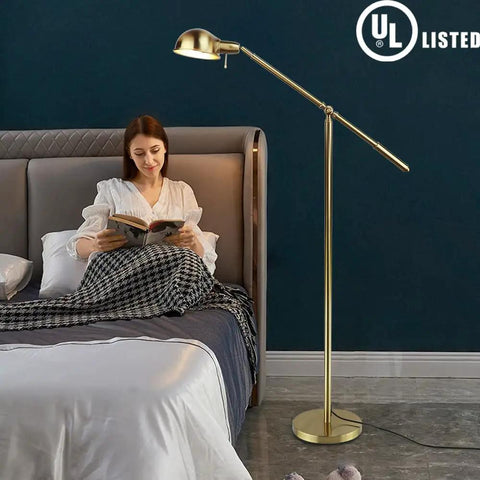 Metal Floor Lamp With Adjustable Swing Arm Reading Light, 9W Brass Task Lamp For Living Room, Bedroom And Office, gold by bed