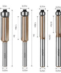 Premium 4 Piece Flush Trim Router Bit Set With Quarter Inch Universal Shank And Solid Carbide Tips for quick template trimming, shown in various sizes.