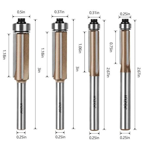 Premium 4 Piece Flush Trim Router Bit Set With Quarter Inch Universal Shank And Solid Carbide Tips for quick template trimming, shown in various sizes.