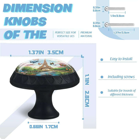 Crystal Cabinet Knobs With Eiffel Tower And Butterfly Design Mushroom Round Drawer Pulls for Dresser 1.37x1.37x1.1 inches