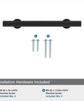 Top view of matte black radius cabinet pull with installation hardware, 3.75 inch center-to-center, five and three quarters inch length.