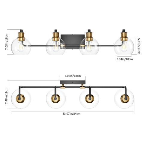 Upgrade Your Bathroom Vanity With Industrial Four Light Fixture In Vintage Black And Brass Finish With Clear Glass Globes