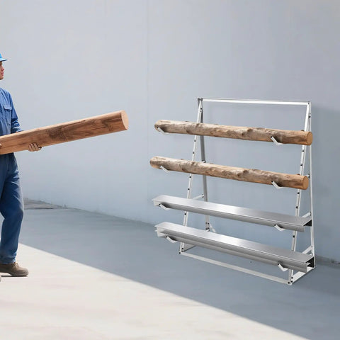 Dang Tough Heavy Duty Adjustable Cantilever Storage Rack Holds 440 Pounds Easy Shift Pipe And Lumber Organizer Shelf No Drill Freestanding Garage Rig For Workshop Space with lumber being loaded.