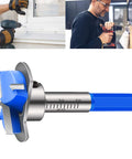 Close-up of a hinge boring bit for 35mm hinges; blue plastic guide, metal shaft with Ø35 markings