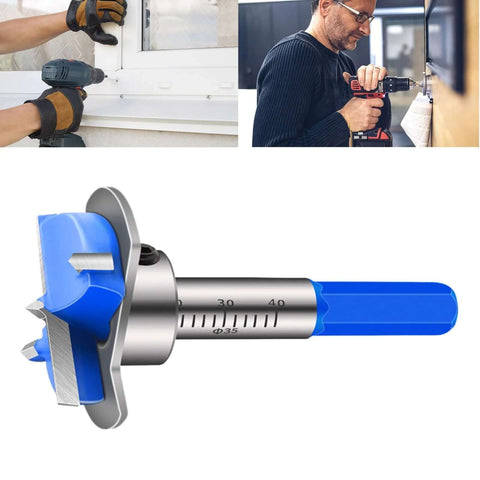 Close-up of a hinge boring bit for 35mm hinges; blue plastic guide, metal shaft with Ø35 markings