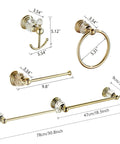 Gold Crystal Bathroom Accessories 4 Piece Set With Towel Bar Adjustable From 18.5 To 30.8 Inches, Toilet Paper Holder, Towel Ring.