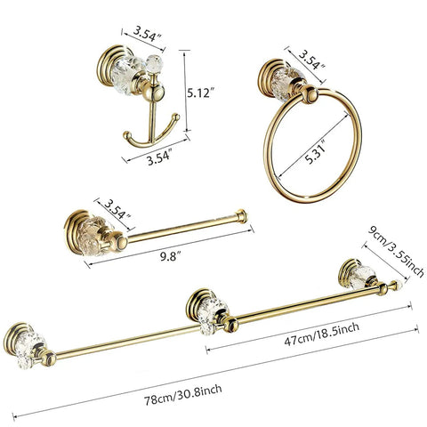 Gold Crystal Bathroom Accessories 4 Piece Set With Towel Bar Adjustable From 18.5 To 30.8 Inches, Toilet Paper Holder, Towel Ring.