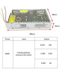 No Fuss Heavy Duty 240W DC Switching Power Supply With Adjustable 0 To 48V Output 5 Amps Max Draw viewed from the side with dimensions.