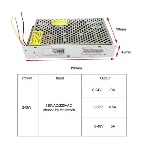 No Fuss Heavy Duty 240W DC Switching Power Supply With Adjustable 0 To 48V Output 5 Amps Max Draw viewed from the side with dimensions.
