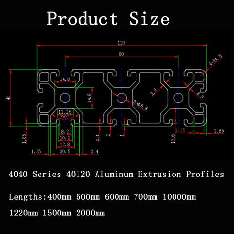 Technical diagram of 40120 T Slot Aluminum Extrusion Profile Black 600mm By 2, showing dimensions and angles.