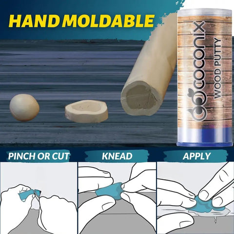 All-In-One Floor and Furniture Repair Kit for Scratches, Dents, and Scuffs on Hardwood, Laminate, and Wood Furniture - Easy Kneadable Putty shown with application steps.