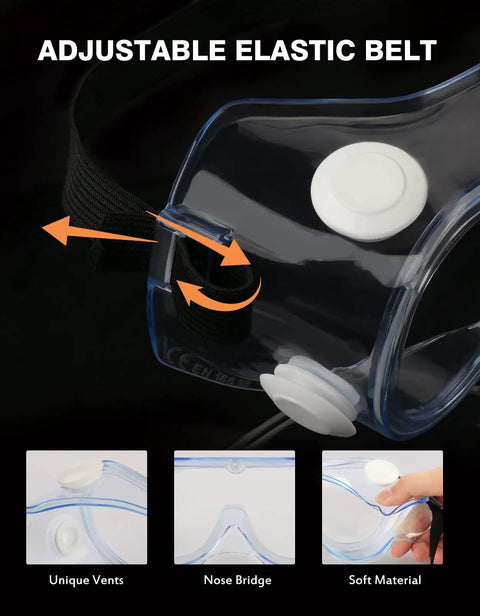 Close-up of anti fog safety goggles with adjustable elastic strap and vent details, part of two pack protective lab goggles.