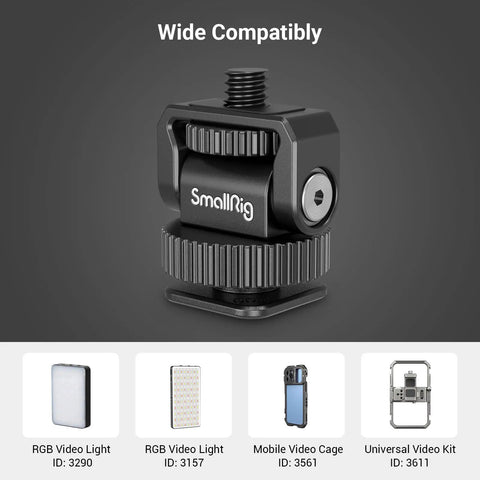 Wide compatibility of Lightweight Mini Ball Head Cold Shoe Mount Adapter with Quarter Inch 20 Thread for cameras and lights