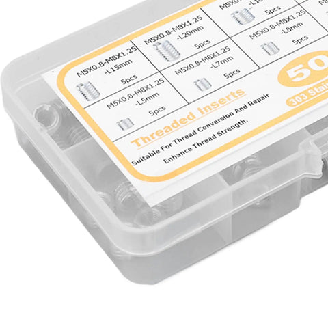 Ultimate 50-Piece Stainless Steel Threaded Inserts For M5x0.8 Repair Kit To Fix Stripped Threads And Restore Fastening Power On Metal Or Plastic Parts With Rust Proof Precision For Any Gnarly Industrial Job. plastic case with M5x0.8 stainless steel threaded inserts