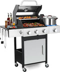 Three Burner Propane Gas Grill With Side Burner And Cabinet Storage, 39,000 BTU Backyard BBQ Grill With Porcelain Enamel Cast Iron Grates