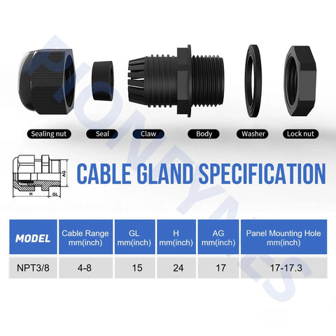 Waterproof Nylon Cable Glands 3/8 NPT adjustable 4 to 8mm 0.16 to 0.31 inch with exploded view and parts diagram