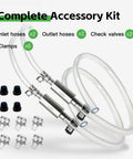 Universal Brake Bleeder Hose Kit with one-way check valve and accessories, including hoses, clamps, and spring caps, for cars.