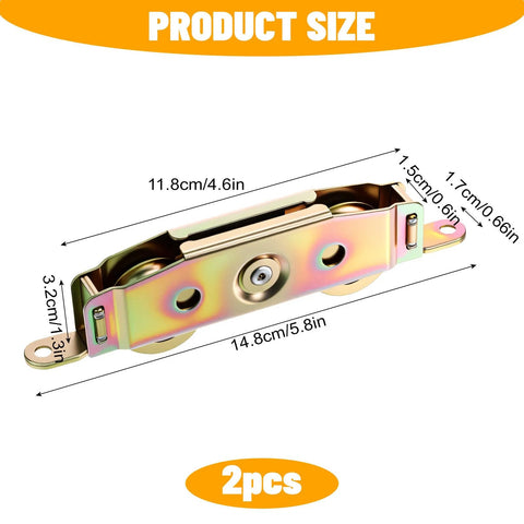 Heavy-Duty Sliding Glass Door Rollers Kit With Ball Bearings showing zinc-plated iron construction and dimensions, 2 pack