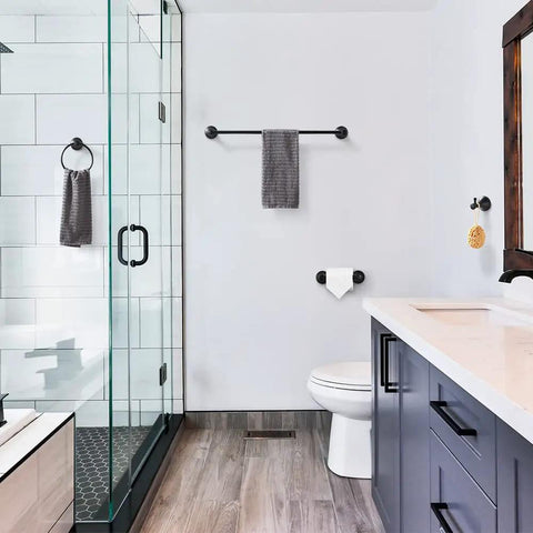 Modern bathroom with Black 4 Piece Bathroom Hardware Set With 18 Inch Or 24 Inch Towel Bar And Matching Towel Holders installed