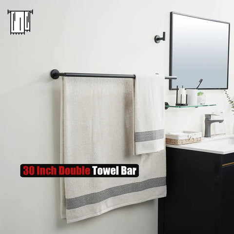 Double Bath Towel Bar Matte Black 33 Inch Stainless Steel Towel Rack With 0.8mm Thick Tube Rust Resistant 304 Grade Wall Mount
