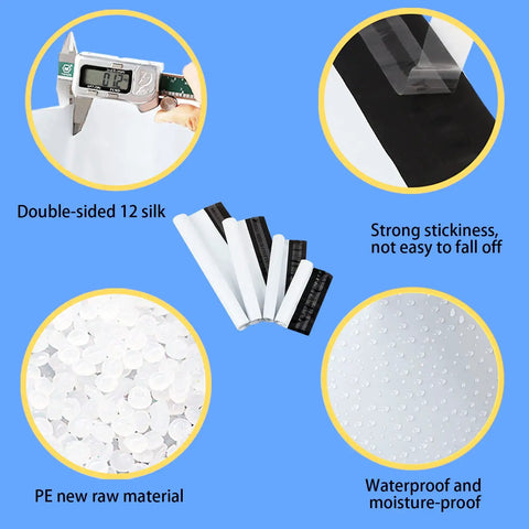 Features of 100 Pack White Poly Mailers Shipping Bags Assorted Sizes 6x11 8x12 10x13 12x17 Self Sealing Waterproof