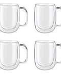 Four Piece Double Wall Insulated Glass Coffee Mug Set Keeps Hot Brews Steaming And Icy Drinks Frosty With Zero Sweat Marks Premium Borosilicate Glass Is Dishwasher Safe For Your Daily Grind Routine, displayed in square arrangement.