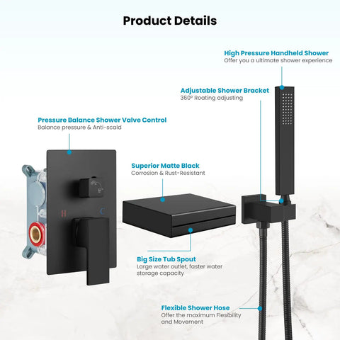 Matte Black Waterfall Bathtub Faucet With Handheld Shower, Wall Mounted Rough In Valve, Tub Filler Spout, Solid Brass Tub Sprayer features