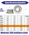 Diagram of M8 X 1.25mm Serrated Flange Nuts DIN6923 304 Stainless Steel with size chart and specifications