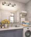 Bathroom with Chrome Vanity Light Fixture for Bathroom Three Light Farmhouse Style Over Mirror With Clear Glass Shades Bulbs Not Included