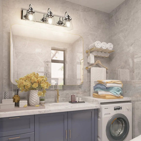 Bathroom with Chrome Vanity Light Fixture for Bathroom Three Light Farmhouse Style Over Mirror With Clear Glass Shades Bulbs Not Included