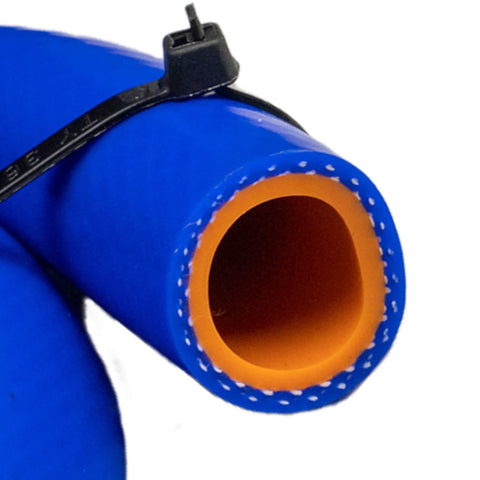 ZIMFLEX silicone heater hose, blue reinforced, 3/4 in ID, close-up of hose end with orange inner lining