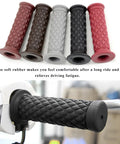 2 Pack Non Slip Motorcycle Hand Grips Open End Seven Eighths Inch Twenty One Millimeters Twenty Four Millimeters Fits Dirt Bike Scooter Motocross Vintage Soft Rubber Thruster Grips With Durable Soft Rubber For All Weather Riding, in various colors, installed on motorcycle.