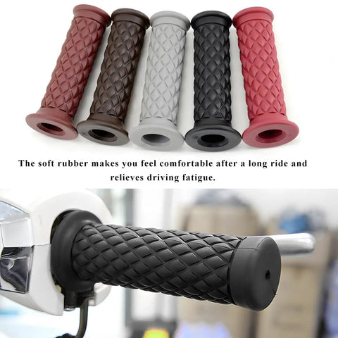 2 Pack Non Slip Motorcycle Hand Grips Open End Seven Eighths Inch Twenty One Millimeters Twenty Four Millimeters Fits Dirt Bike Scooter Motocross Vintage Soft Rubber Thruster Grips With Durable Soft Rubber For All Weather Riding, in various colors, installed on motorcycle.