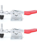 Two toggle clamp fixture tools, iron plastic construction, red handles, 30kg holding capacity for welding, machining, electronics assembly