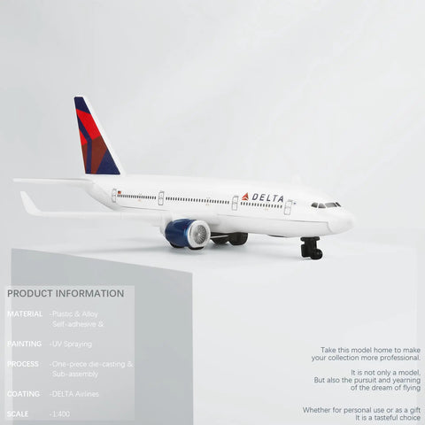 Delta 1/400 Scale Diecast Plastic Airplane Model for Collectors and Display, side view on white background