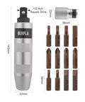 Industrial-Grade 14-Piece Impact Screwdriver Set With 40CR Alloy Steel Bits, showing driver and bit sizes.