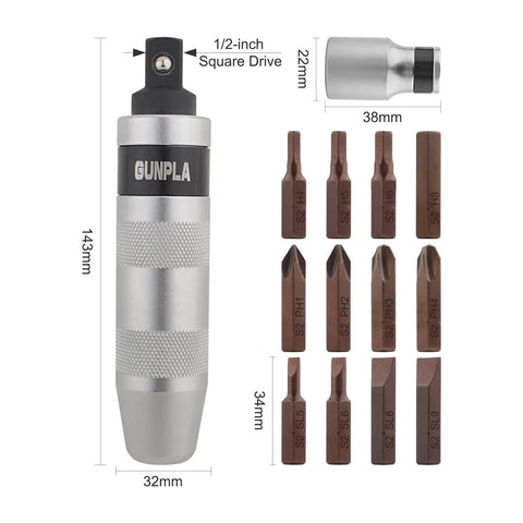 Industrial-Grade 14-Piece Impact Screwdriver Set With 40CR Alloy Steel Bits, showing driver and bit sizes.