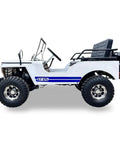 Side view of 125cc Go Kart With 3 Speed Manual Transmission, Two Seats, Electric And Kick Start, Top Speed 35 MPH, White Blue, for teens and adults.