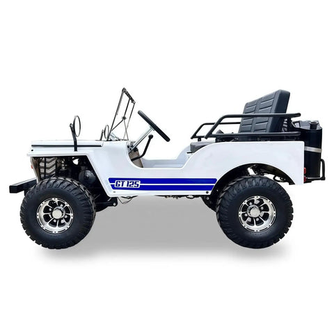 Side view of 125cc Go Kart With 3 Speed Manual Transmission, Two Seats, Electric And Kick Start, Top Speed 35 MPH, White Blue, for teens and adults.
