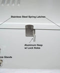 Built Tough Nema 4X Aluminum Electrical Enclosure Box 17 By 17 By 10 Inches with stainless steel spring latches and aluminum hasp.